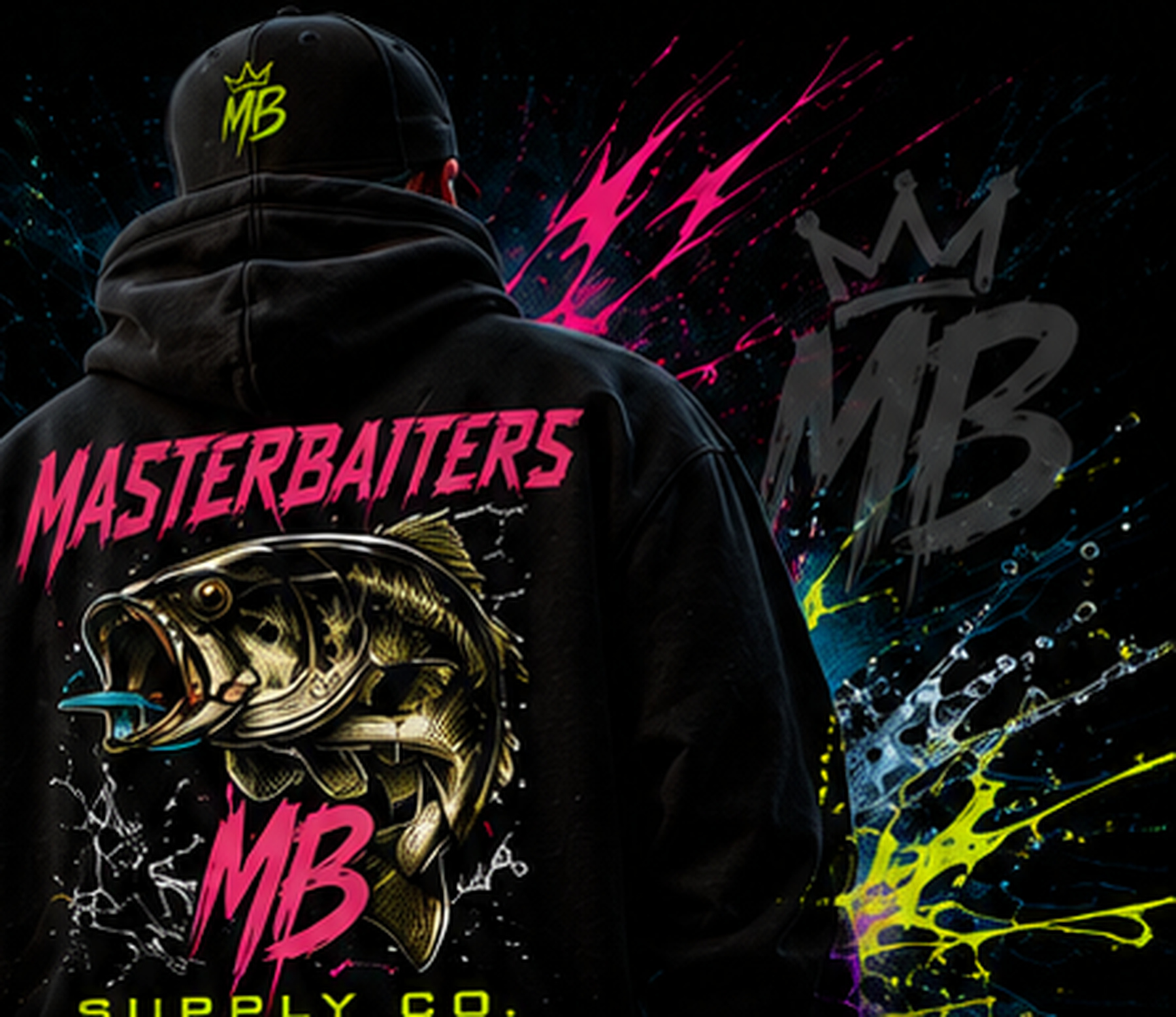 Black fishing streetwear hoodie concept with neon MasterBaiters graphics