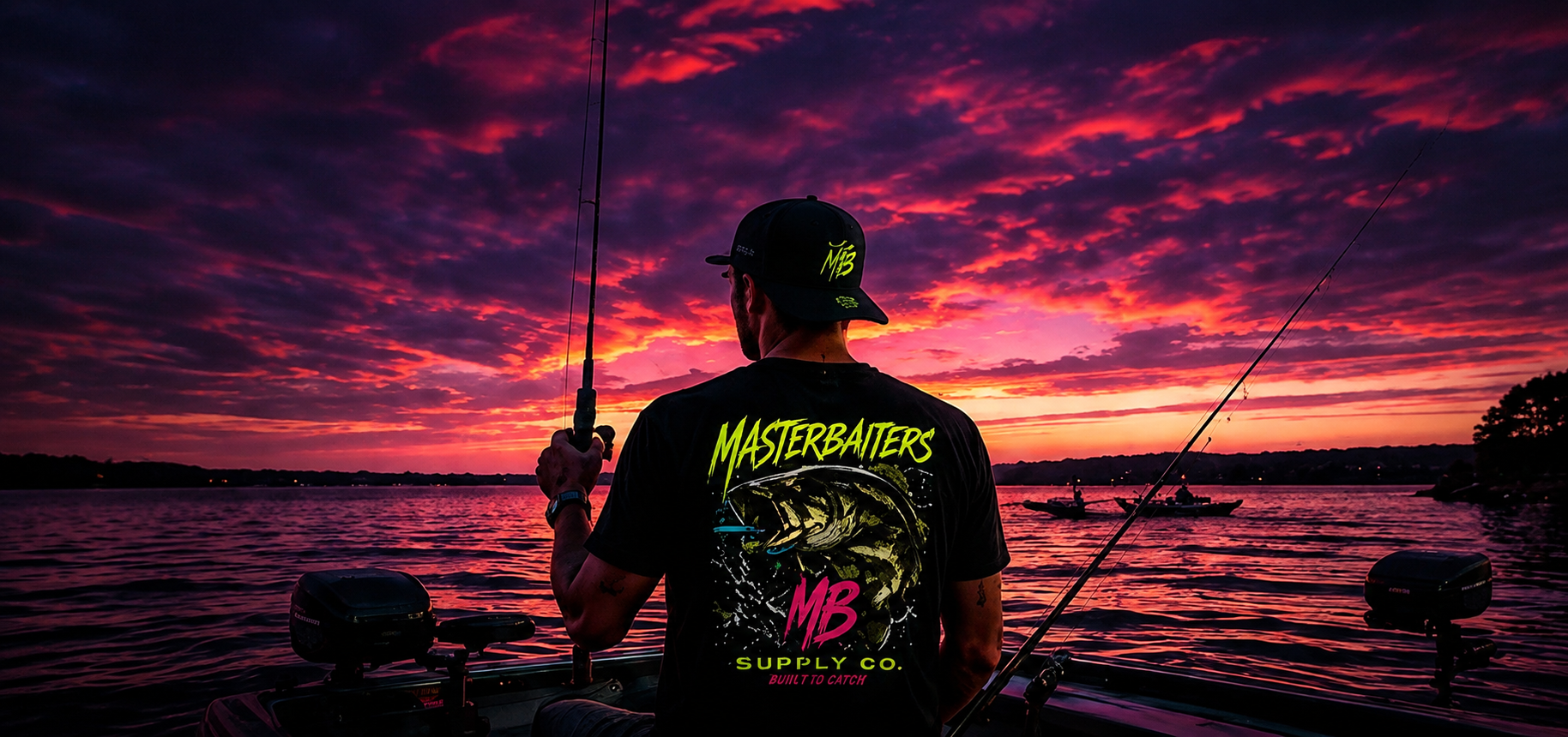 Angler wearing MasterBaiters fishing streetwear at sunset